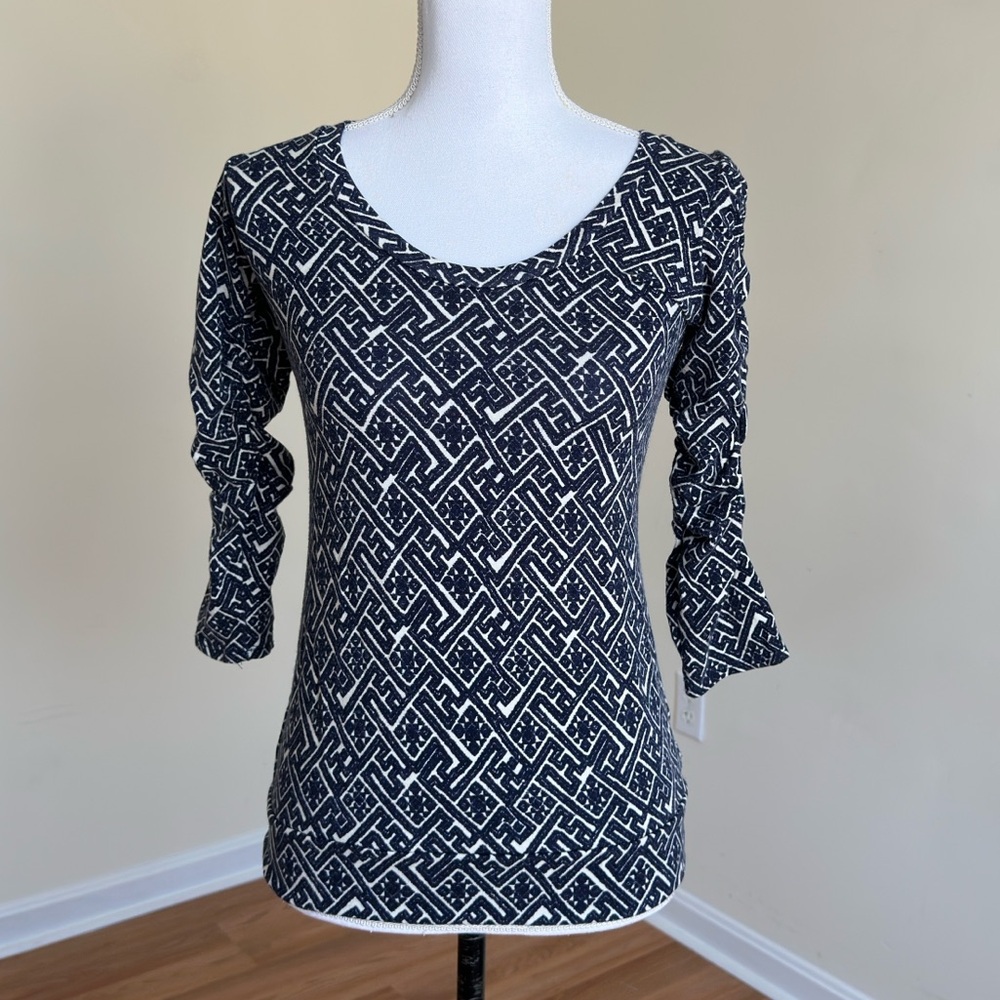 Anthropologie Dolan Blue White Aztec Scoop Neck Ruched Tee XS